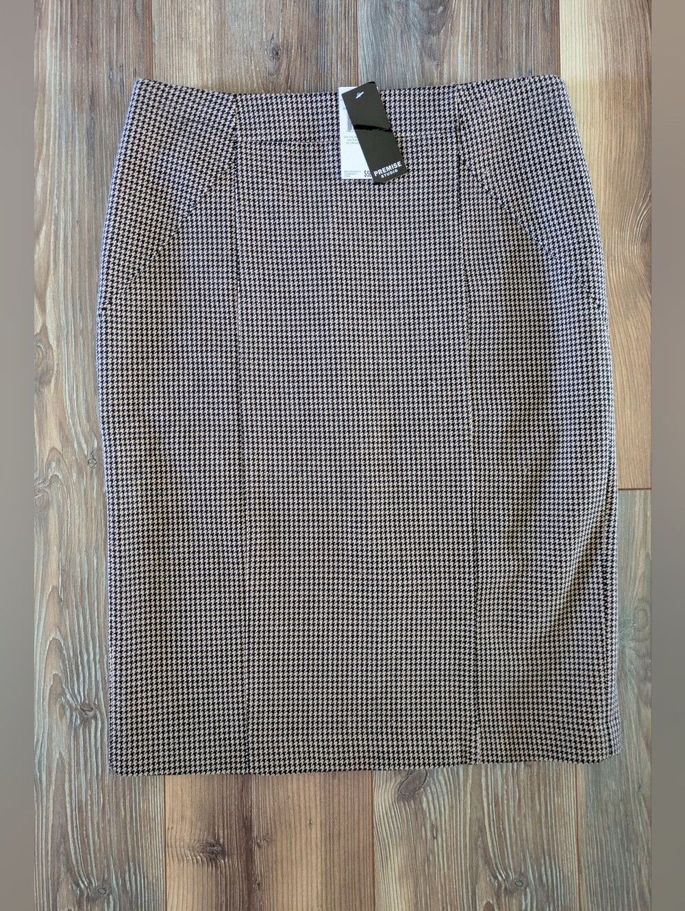 Premise Studio Black & New Camel Tan Houndstooth Lined Pencil Suit Skirt 8 NWT